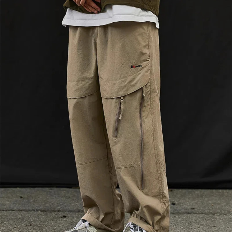 Retro British Spring and Autumn Mens Solid Color Zipper Pocket Elastic High Waist Casual Loose Cargo Sports Pants 240821