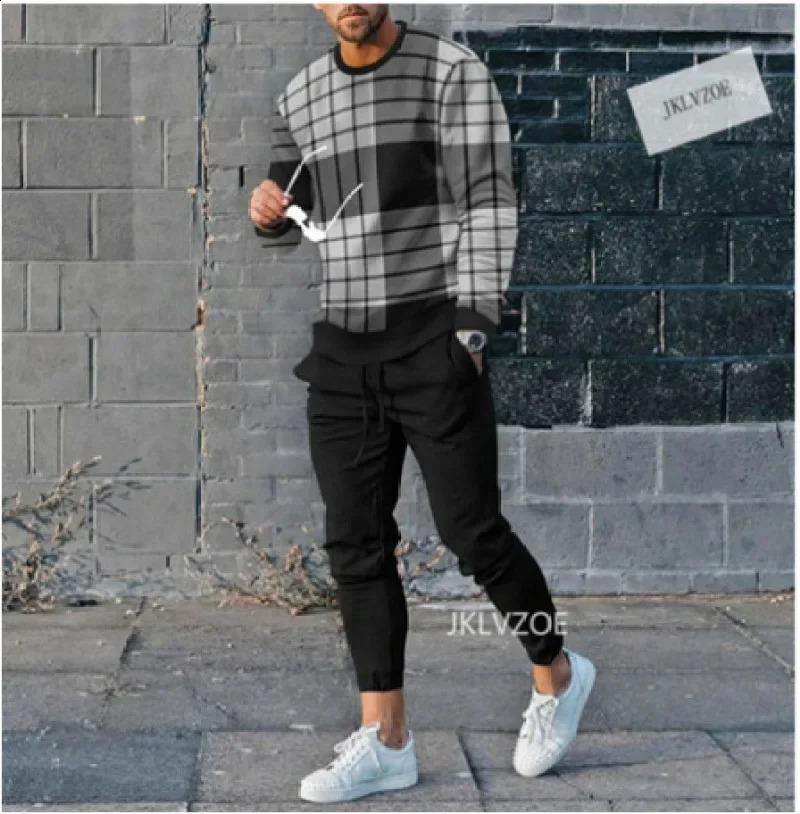 Sweater Set Mens Casual Loose Fit Large Fashion Versatile Trend Round Neck 3D Silent Print 2-Piece Set 240821