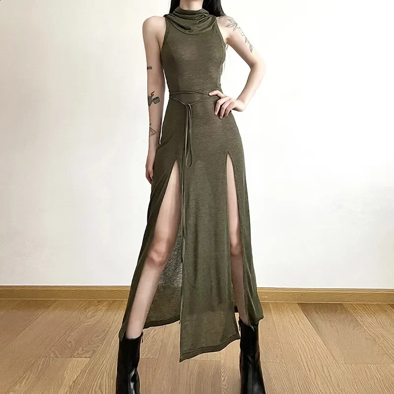 Goth Dark Cyber Gothic Hooded Dresses Women Y2k Punk Grunge Hollow Out Midi Dress Sexy Split Side Bodycon Sexy Vestidos 240821
