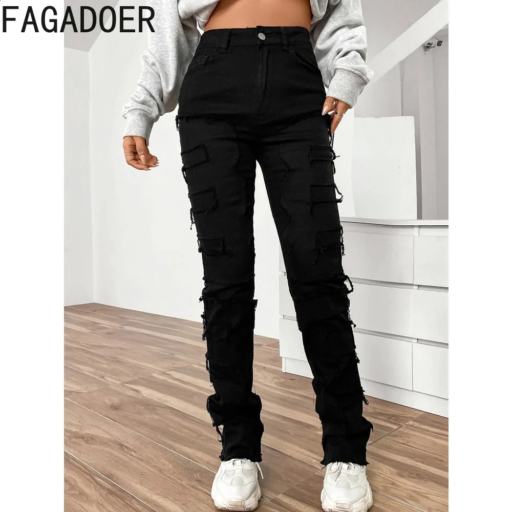 FAGADOER Embroidery Stacked Denim Pants Women High Waist Button Straight Jean Trousers Casual Elastic Cowboy Bottoms Z260313