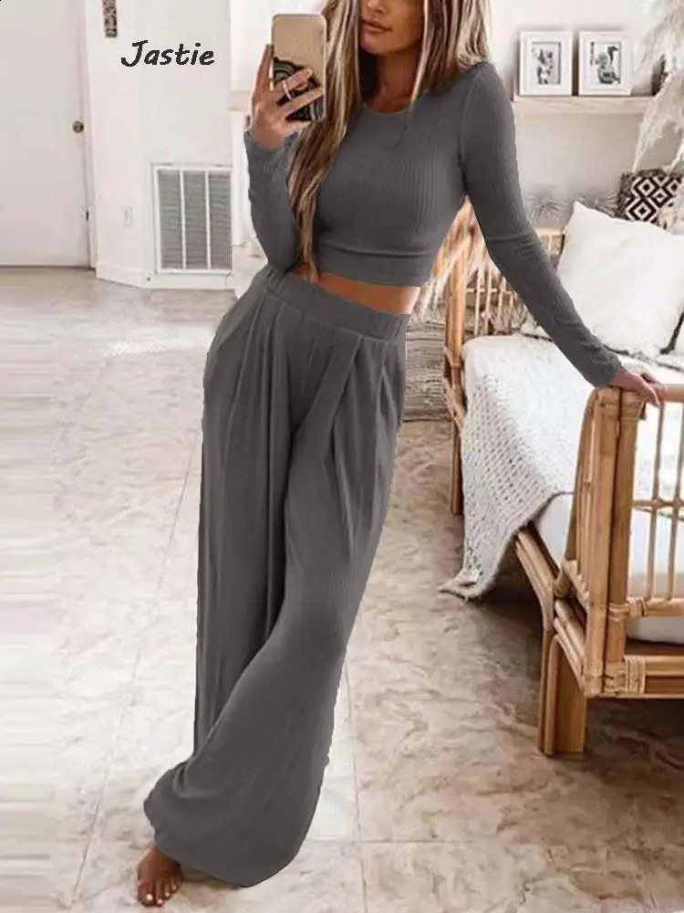 Autumn Solid Two Pieces Suits Women Slim Knit Sweater With Loose Wide-leg Pants Sets Casual Simple Elastic Waist Trousers Suits 240820