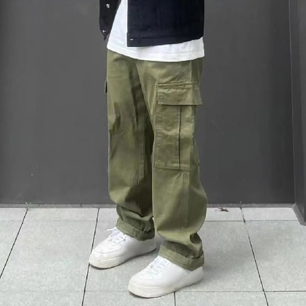 Hip Hop Men Work Trousers Solid Color Pants Retro Style Mens Cargo Pants With Elastic Waist Wide Leg Multi Pockets For Four Sea 240821