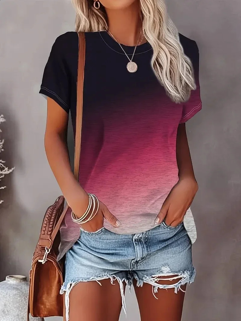 Plus size womens clothing Gradient round neck T-shirt for spring and summer multifunctional short sleeved T-shirt for women 240820