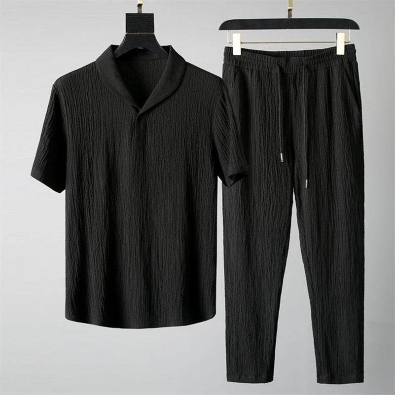 Male Jogger Tracksuit Mens Casual Summer Outfit Set with Short Sleeve T-shirt Drawstring Waist Pants Sportswear for Jogging 240821