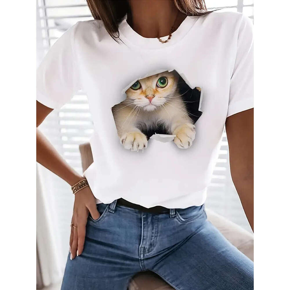 Cat Cute Print Crew Neck T-Shirt, Casual Short Sleeve T-Shirt For Spring & Summer, Women's Clothing