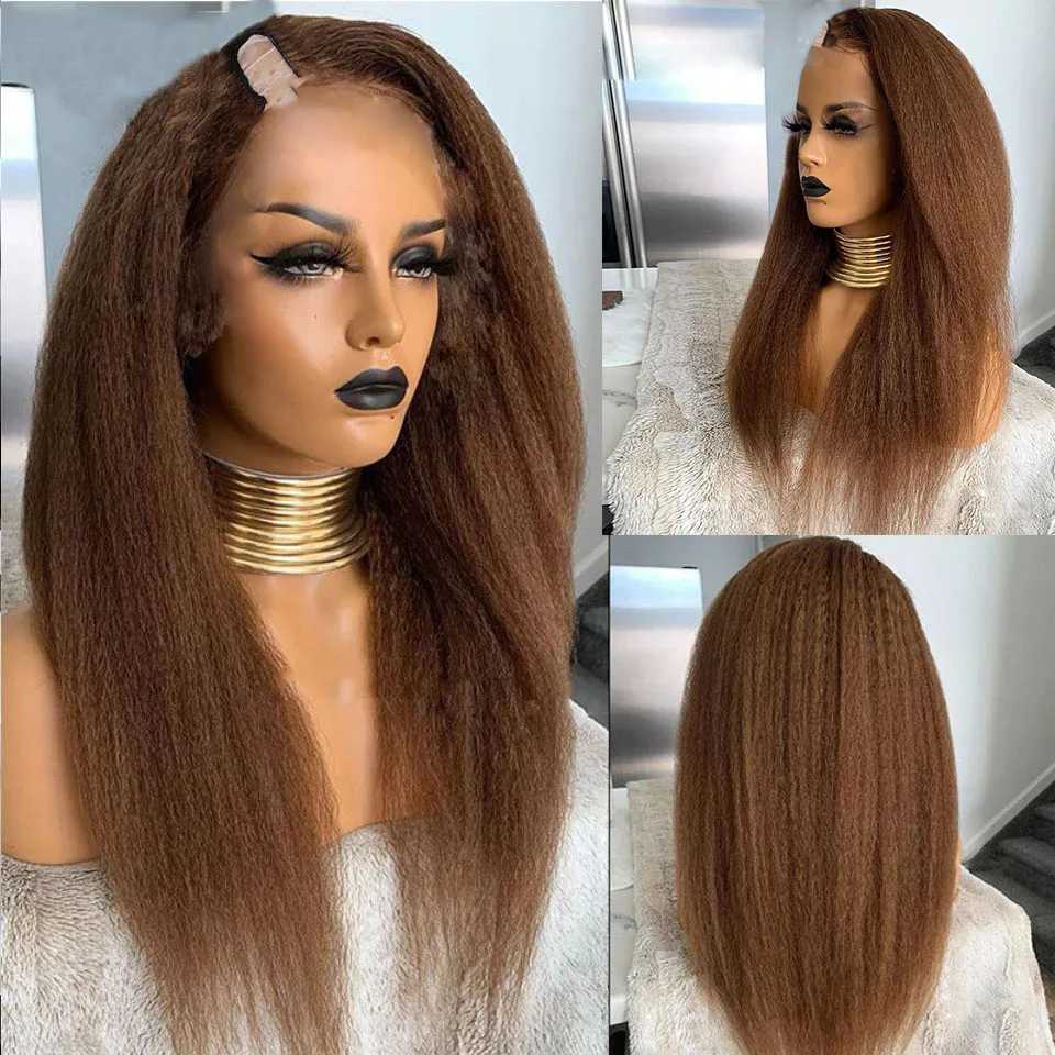 Dark Chocolate Brown 100% human V Part Wigs Yaki Straight raw virgin Hair Glueless Kinky Straight v Shape Wig