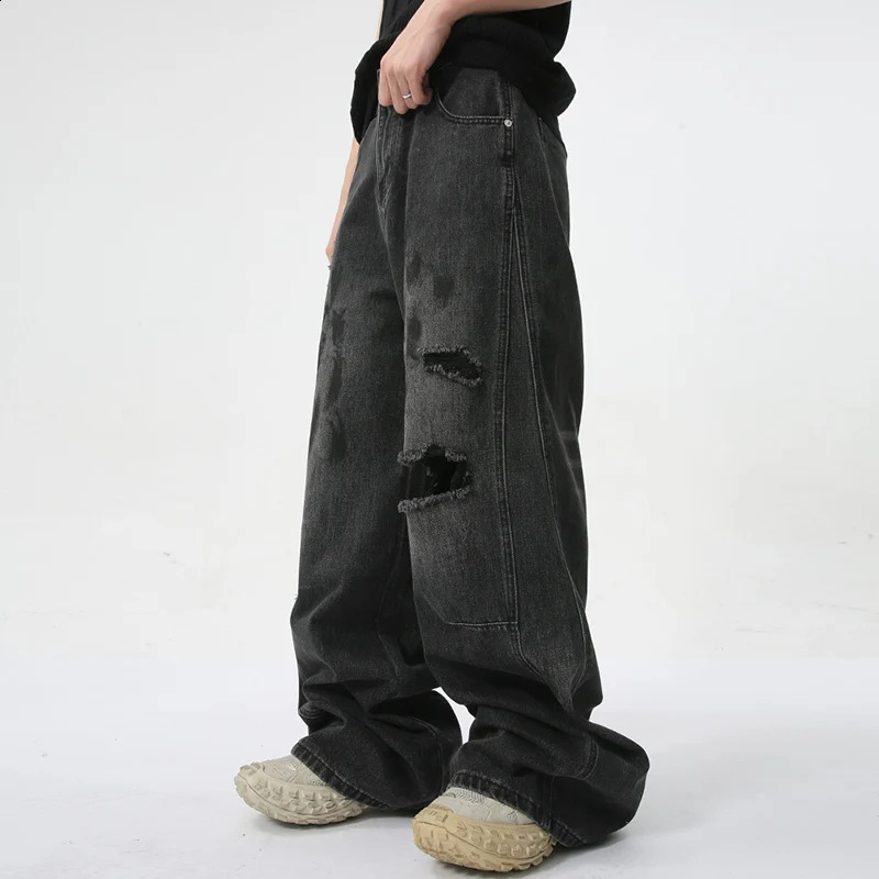 IEFB Summer Mens Denim Pants Streetwear Distressed Dirty Printed Straight Leg Jeans Trendy Male Hole n Trousers 9C5973 240821