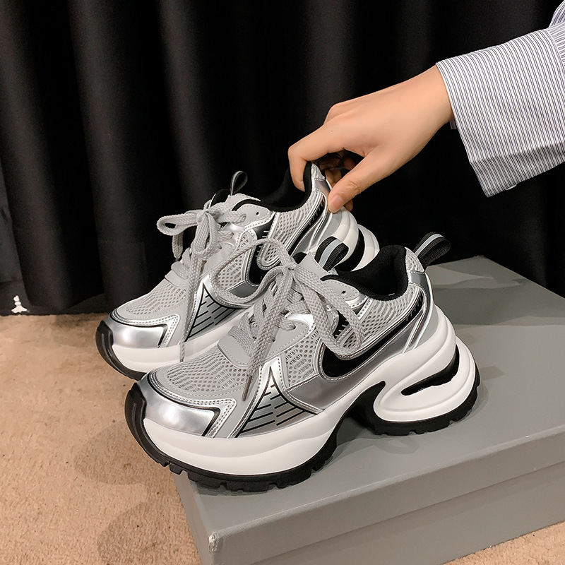 Ddmysports Zhao Lusi Same Style Summer Breathable Silver Thick Sole Elevated Casual Sports For Dad Shoes Women Genuine Leather OUTDOOR