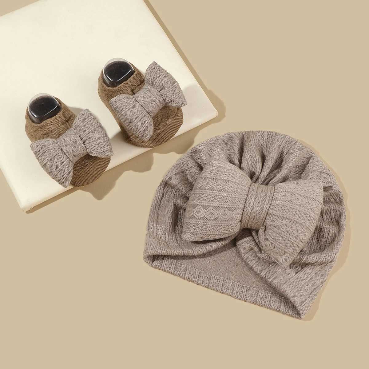 2 pieces of newborn baby bow hat sock set solid color cotton baby girl turbo hat anti slip socks W240820