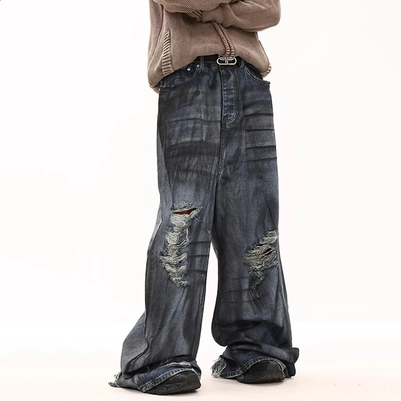 PFNW American Chic Niche n Street Jeans Men Vintage Dirty Dye Spray Painted Ripped Hole Loose Wide Leg Pants Autumn 28W4396 240821