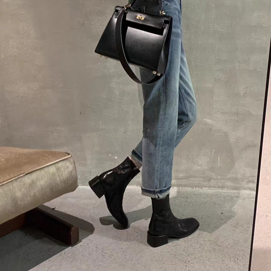 Ddmysports Grape Mom S Same Korean Square Eaded Washed Orse Skin Slim Short Boots With Eels And Thick Soles Small Ankle Women Autumn New Style OUTDOOR