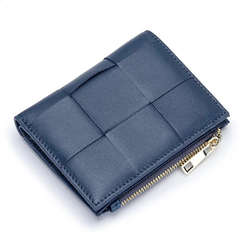 Fashion Knitting Short Wallet for Women Genuine Sheepskin Leather Zipper Coin Purse Female Fashion Money Clip 240820