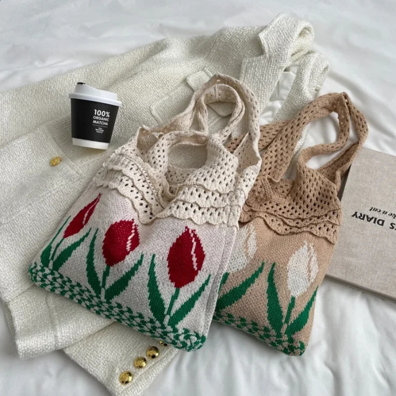 Tulip Knitted Bag Retro Flower Shoulder Woolen Braid Handbag Fashion Art Chic Summer Holiday Tote Bags for Women 240820ZYl