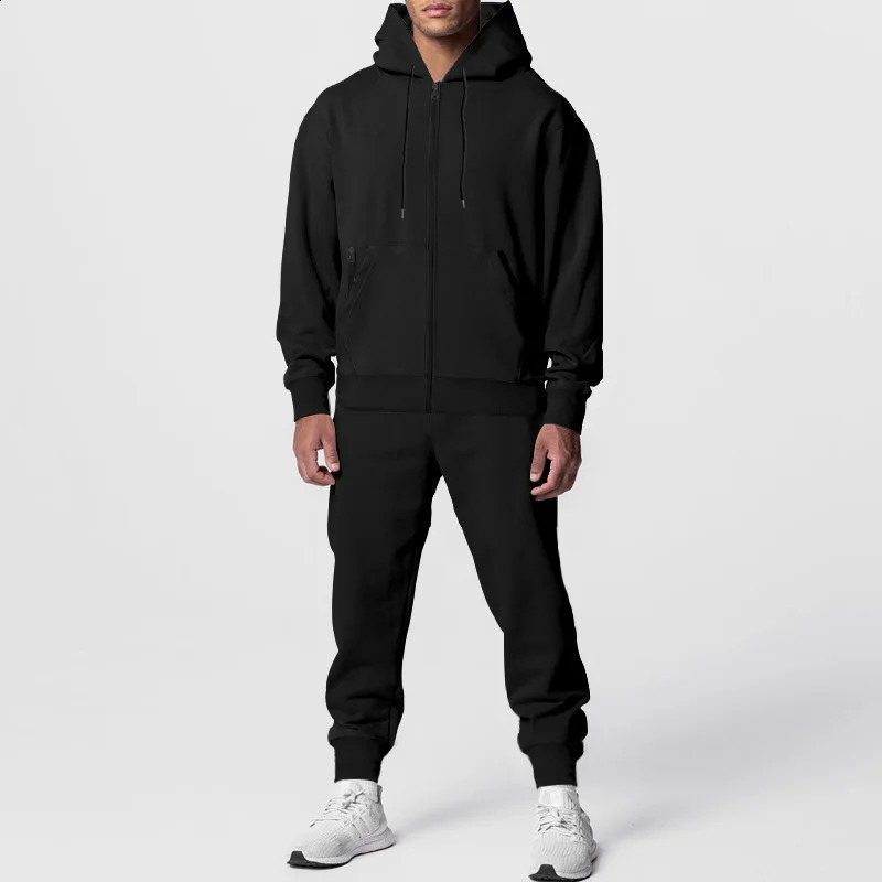 Cross border autumn and winter mens solid color long sleeved mens hooded sports and leisure wool warm suit 240827