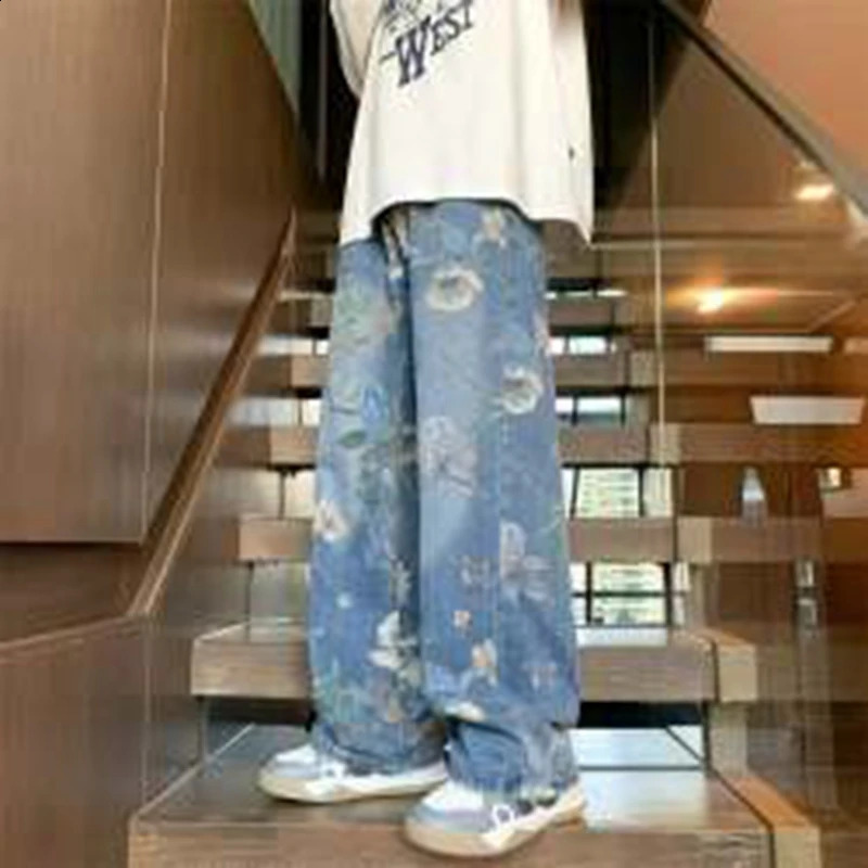 American Jeans Men y2k Fashion Flower print Oversized Wide Leg Jeans Men Streetwear Hip-hop Loose Straight Denim Pants Mens Trou 240821