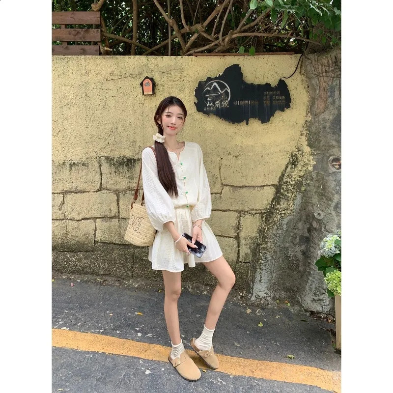 Women Summer Elegant Temperament Frog O-neck Long Sleeve Shirts Ladies All-match Solid Color High Thin Waist Skirt Two Piece Set 240820