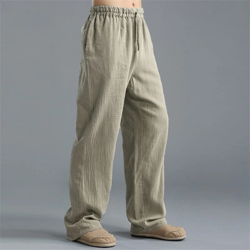 Solid Color Cotton Linen Men Pants Minimalist Basic Casual Drawstring Trousers Thin Plus Size Loose Straight Leg Pant 240821