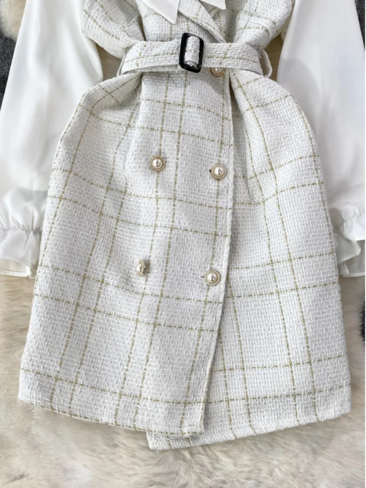 XFPV Womens Sweet Strap Wind Waist Wrapping Tweed A-line Dress Two Piece Set Bow Shirt Fashion Spring Summer SM11386 240820