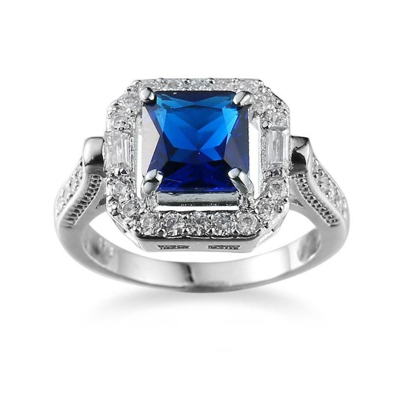 Classical Designer Luxury 18K White Gold Plated Blue Crystal Diamond Ring for Women Sapphire Rings Fashion Wedding Rings Bride Engagement Jewelry