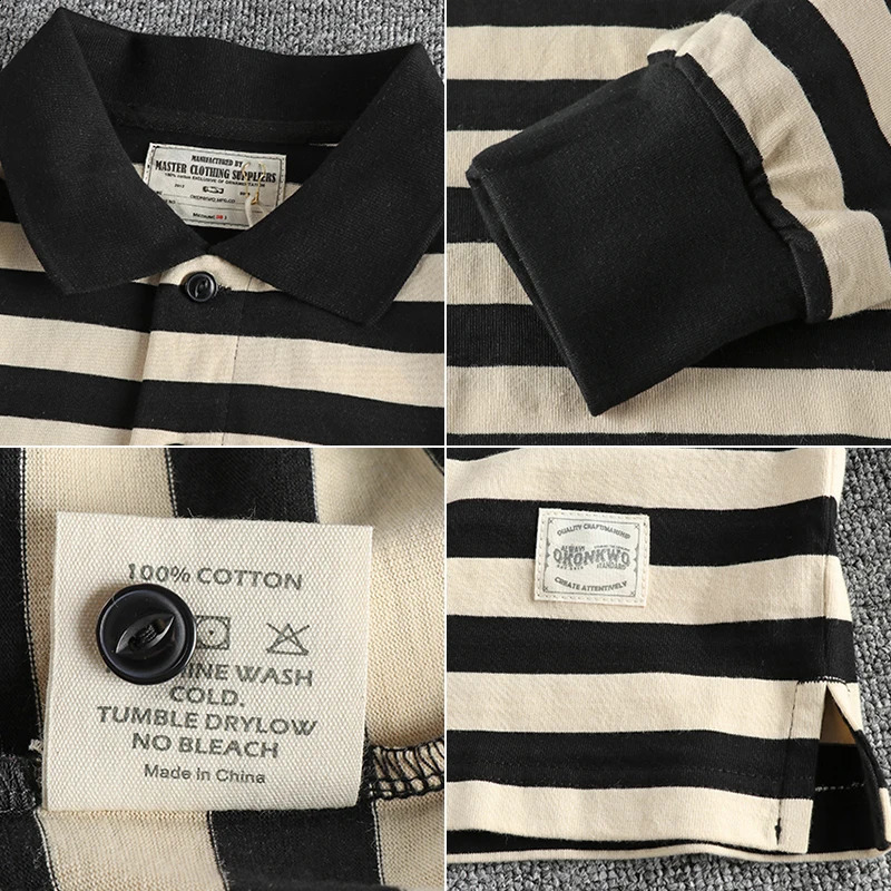 Autumn American Retro 250g Long Sleeve Laepl Sailor Striped Polo Shirt Mens Fashion 100% Cotton Washable Heavy duty Tshirt w240824