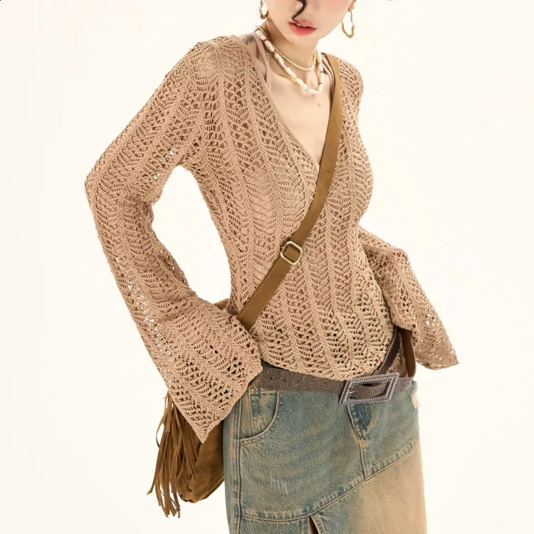 autumn Vneck knitted top Mujer Fashion All match ultrathin fit sweater Y2k EGirl flash sleeve puller 240821