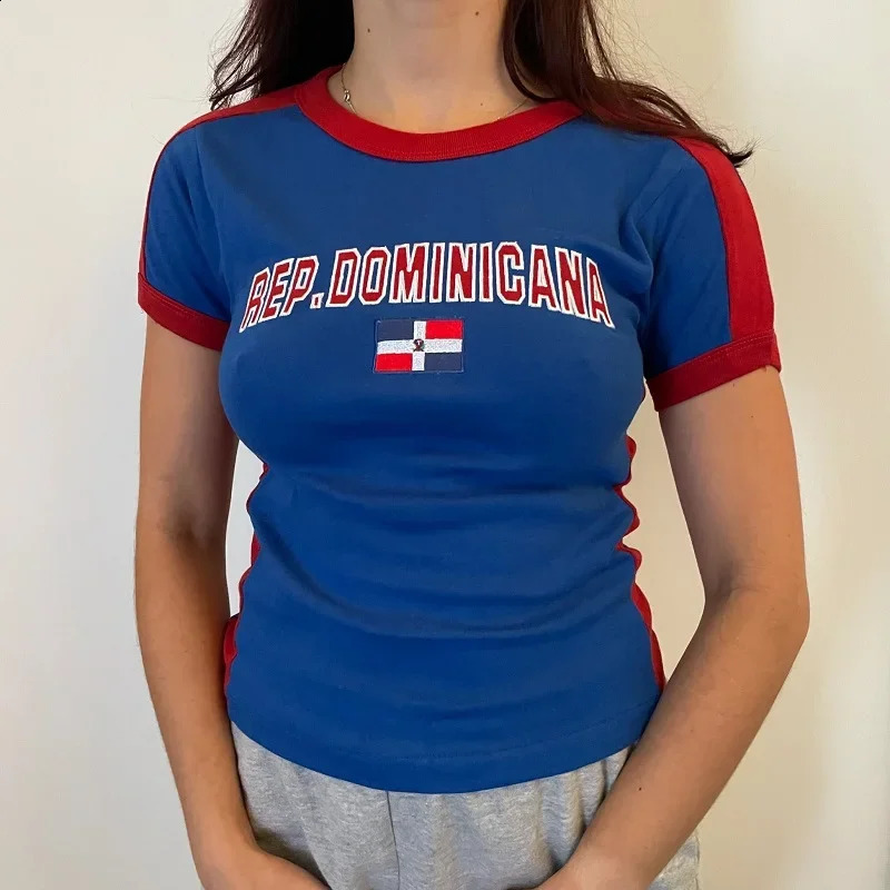 National letter embroidery short sleeved aesthetic street clothing womens T-shirt summer casual gothic 90s vintage Y2k cut top 240820
