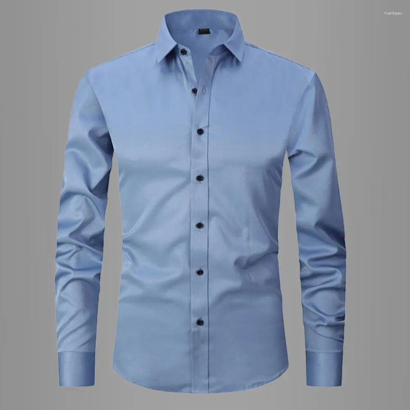 Men's Dress Shirts Men Spring Fall Shirt Turn-down Collar Slim Fit Single-breasted Long Sleeves Pure Color Young Formal Event Office Top