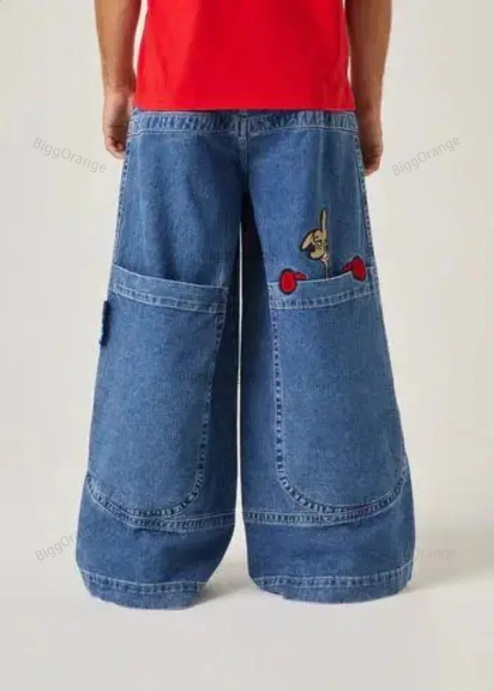 Harajuku Personality Big Pocket Boxing Kangaroo Print Wash Wide Leg Jeans Y2K HipHop Street Casual Loose Denim for Men and Women 240821