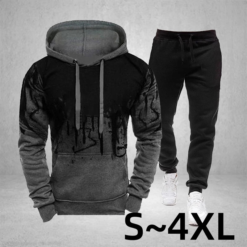 Sportswear Mens casual Hoodie pants 2-piece autumn and winter jogging splash ink long sleeve splash ink sweater suit S-4XL 240821