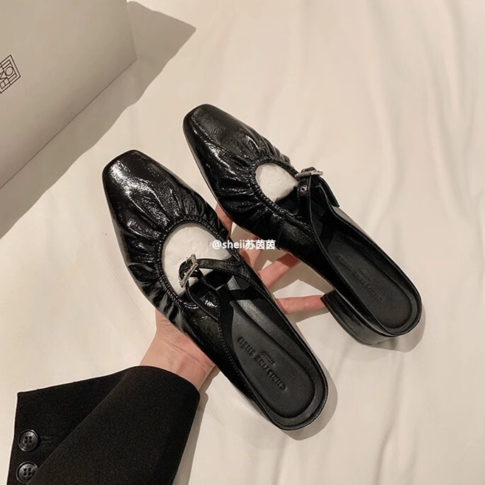 Ddmysports Su Yinyin S New Summer Square Head Calf Leather Pleated Bun Toe Thick Heel Slippers Women Semi Trailer For External Wear OUTDOOR