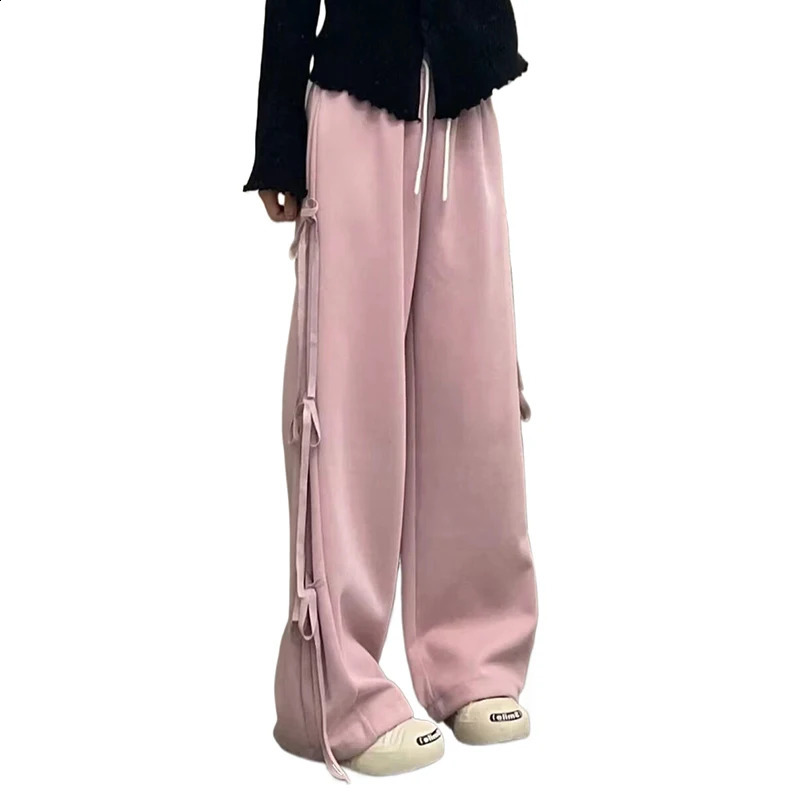 Retro Wide Leg Pants Woman Casual Lace Up Bow High Waist Loose Lounge Elastic Y2k Outfits 240821