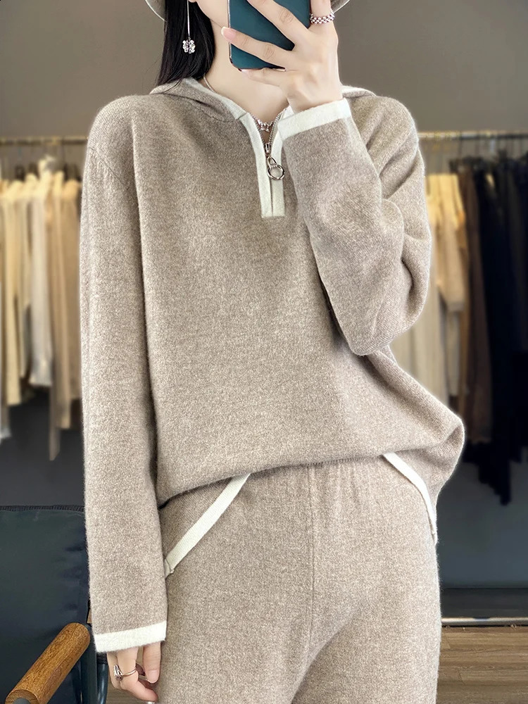 Autumn Winter Hoodie 100% Wool Knit Suits Womens Hooded Knitted Pullover Loose Wide Leg Trousers Fashion High-Grade Suits 240820