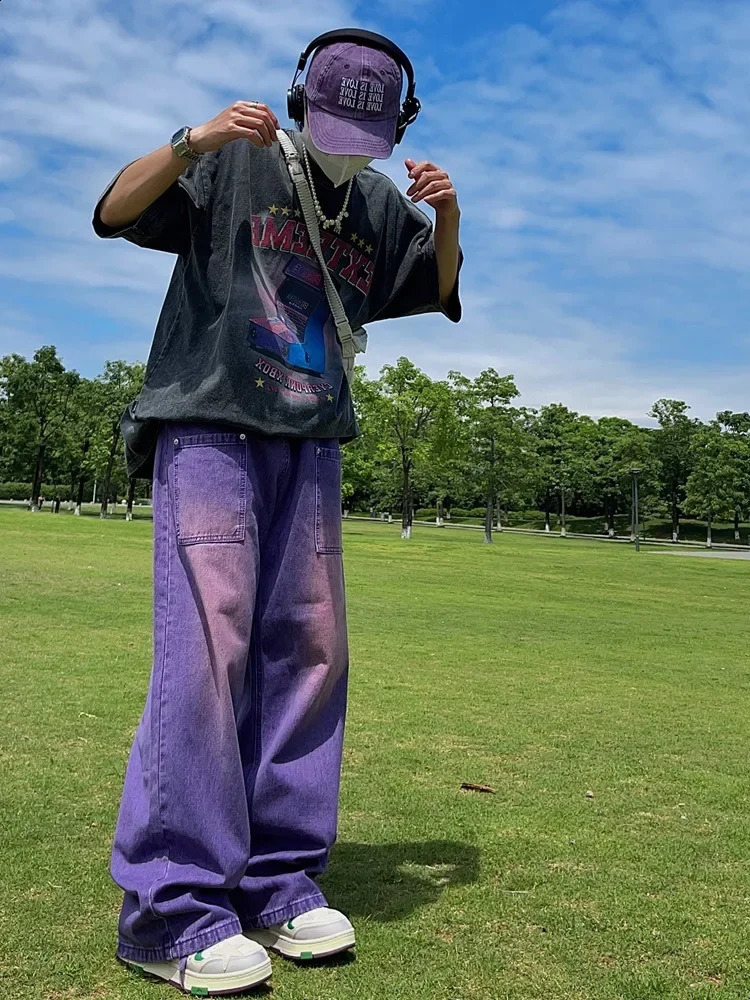 American Style Purple Straight-leg Jeans For Men Women Casual Hip Hop Vintage Loose Fit Wide Leg Dragging Trousers 240821