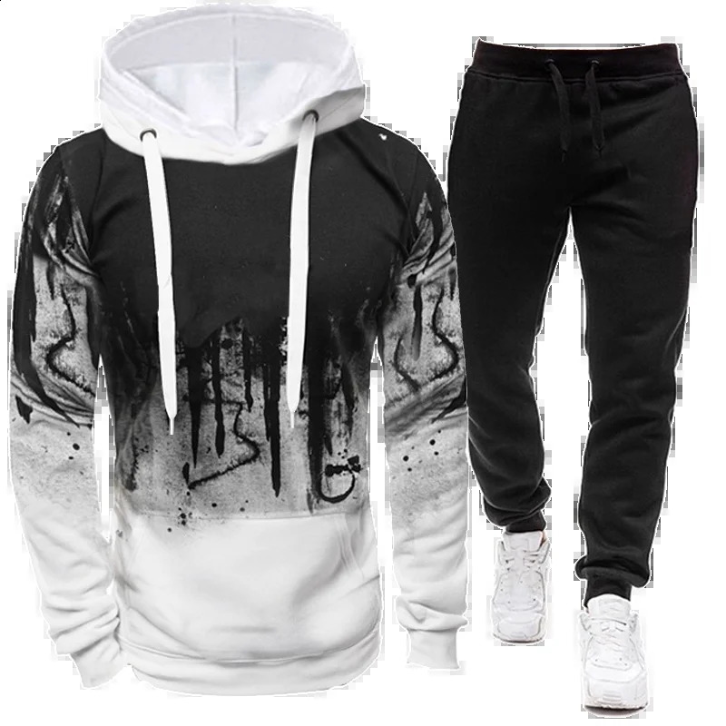 Sportswear Mens casual Hoodie pants 2-piece autumn and winter jogging splash ink long sleeve splash ink sweater suit S-4XL 240821
