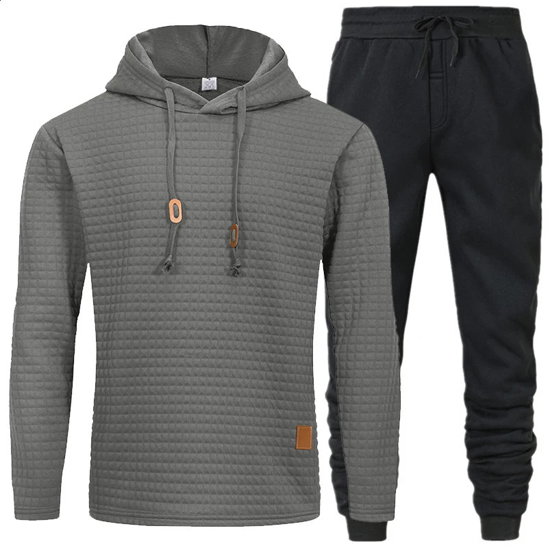 Comfortable Drawstring Outfit Mens Waffle Texture Hoodie Pants Set for Fall Winter Sports Solid Color Long Sleeves Sportswear 240821