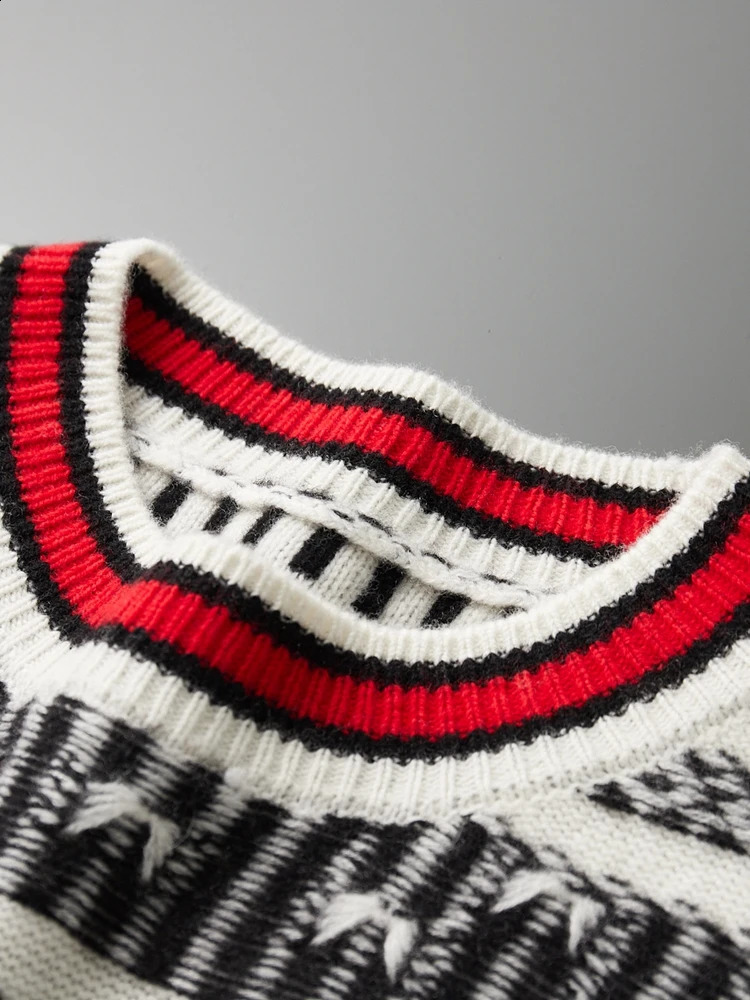 Autumn and Winter 100% Merino Wool Knitted Cashmere Sweater Mens O-Neck Pullover Jacquard Retro Stripe Contrast Top 240821