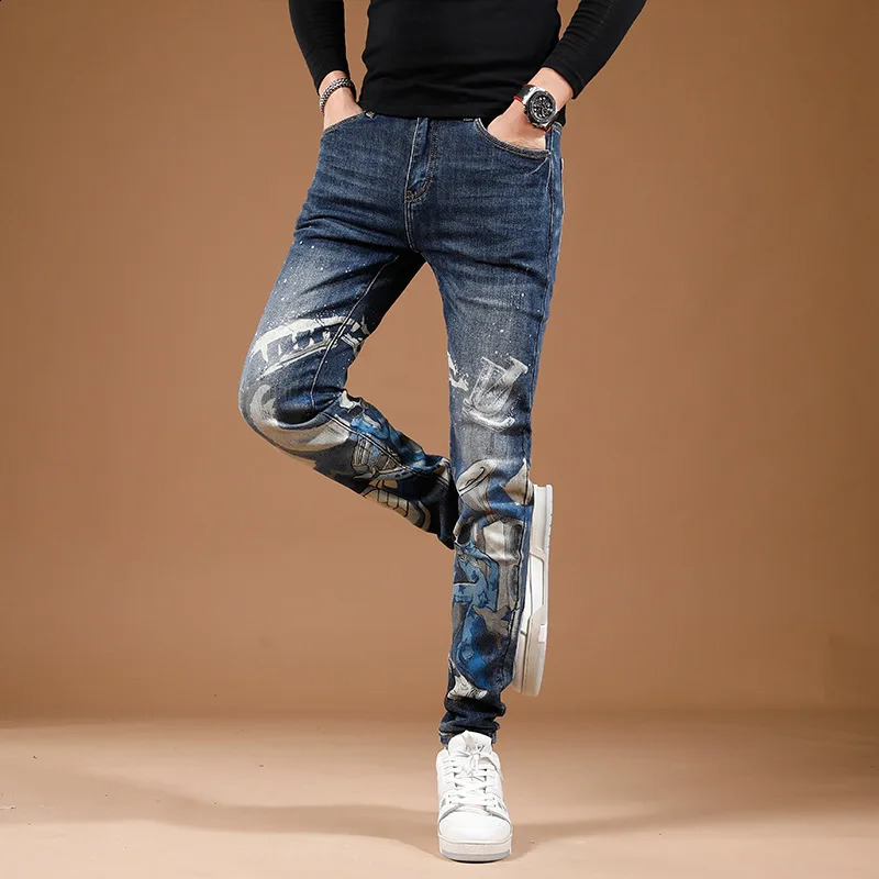 fashion printed personalized jeans for mens street slim fit elastic feet high end trendy denim pants 240821