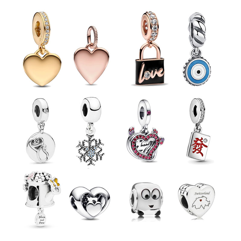 Engravable Heart Tag Mahjong Devil Heart Double Love Padlock Dangle Charms S925 Snake Bracelet Bangle Beads For Jewelry Making