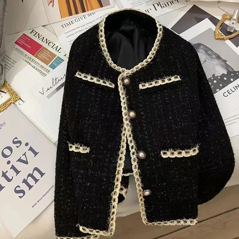 Black Short Small Fragrance Jacket Women Spring Autumn Coat Tweed Gold Thread Woven Overwear Casual Suit Jackets Female 240821