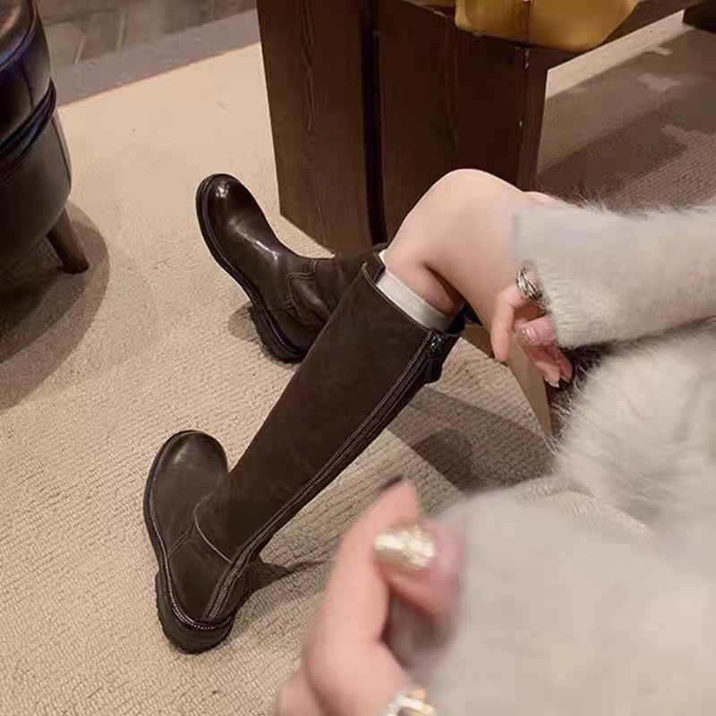 Ddmysports Recommended By Su Yinyin The Same Style Of Two Hands Washed Cowhide Pleated Back Zippered Thick Soled Mid Height Long Boots For Women S Kni