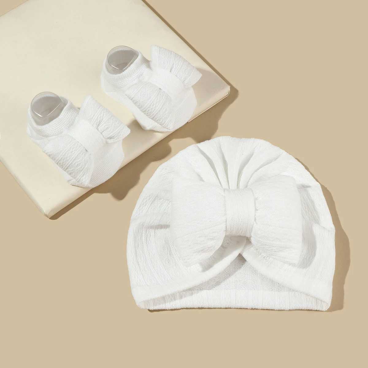 2 pieces of newborn baby bow hat sock set solid color cotton baby girl turbo hat anti slip socks W240820