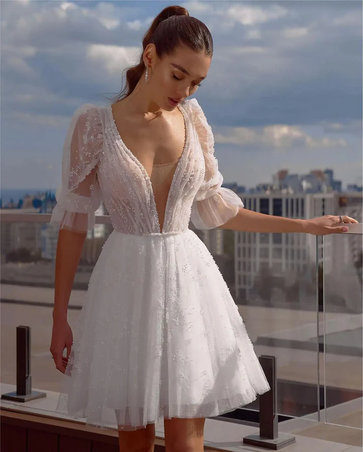Elegant Mermaid Wedding Dresses Long Sleeves V Neck Sequins Appliques Bridal Gowns Lace Train 3D Lace Hollow Ruffles Bridal Gown 01