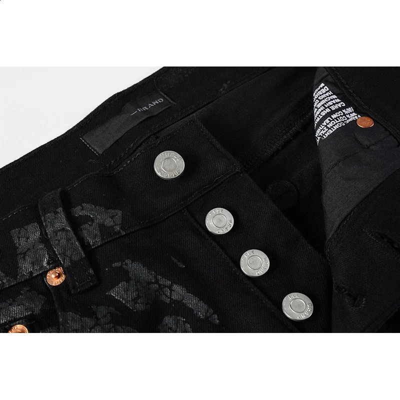 Summers Streetwear High Stretch Distressed Skinny Button Fly Ripped Black Jeans Pants 240821