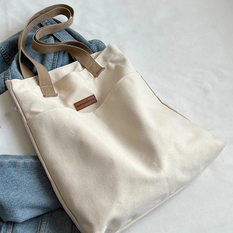 Womens canvas handbag solid color ner womens casual shoulder bag large capacity cotton reusable shopping beach 240820