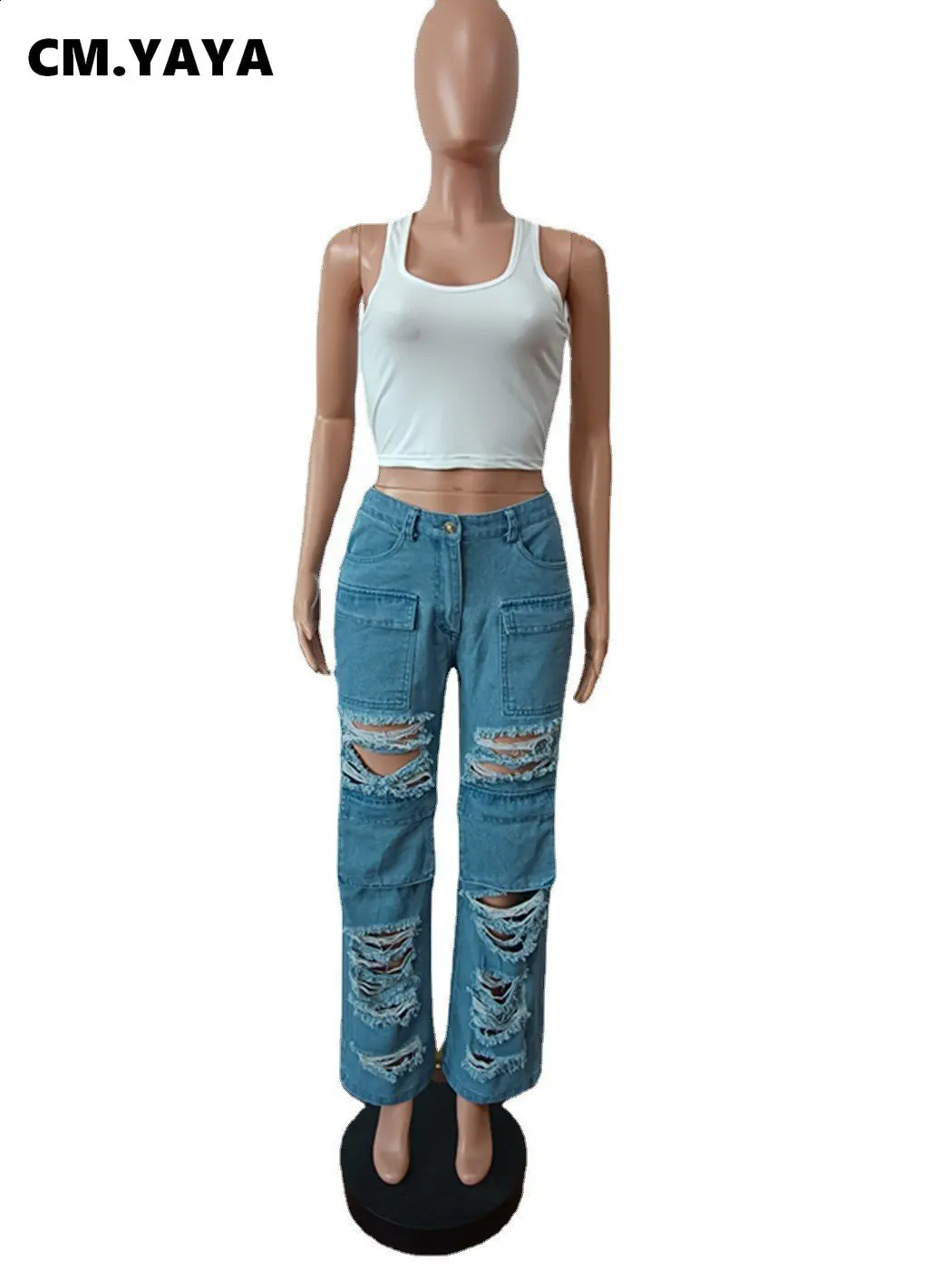 CM.YAYA Fashion Women Dripped Hollow Out Pocket Front Zipper Fly Straight Jeans Pants Steet Safari Style Denim Trousers 240821
