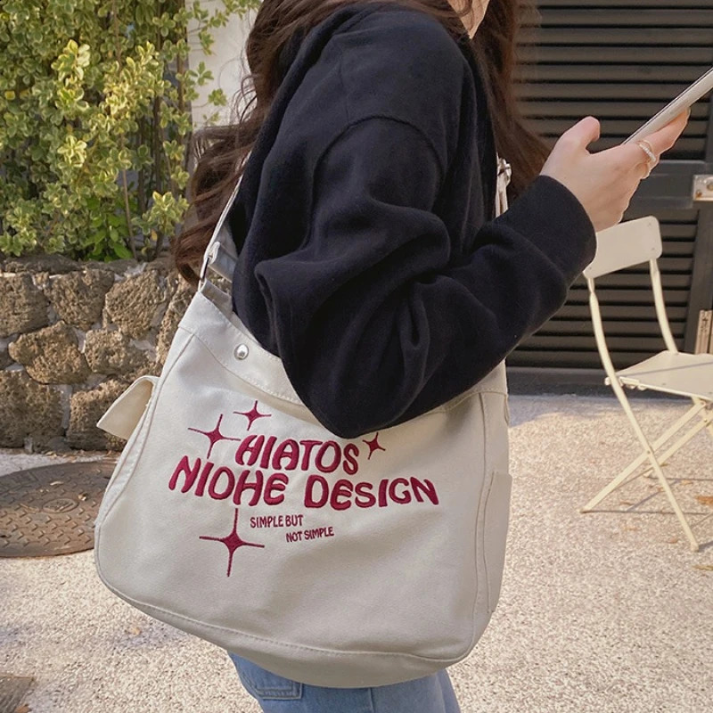 Canvas Women Preppy Y2k Grunge Shoulder Bag High-capacity Casual Vintage Tote Bags Fashion Letter Embroidery Handbags Crossbody 240820 4