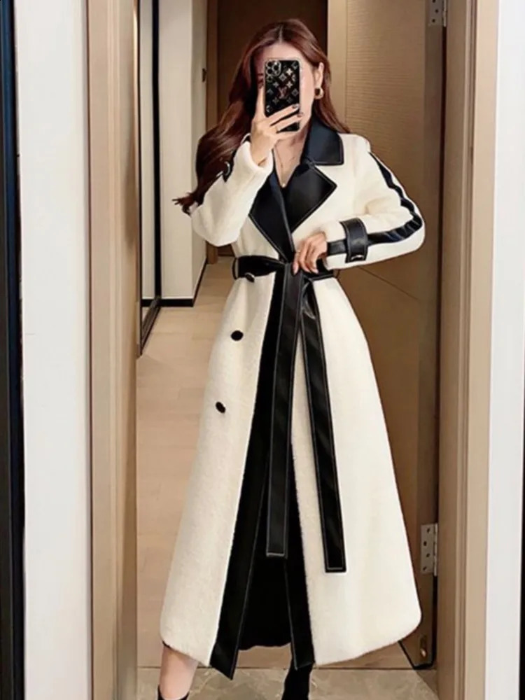 Autumn Winter High-end Fashion Temperament Contrast Color Patchwork Mid-length Overcoat with Belt Women Plush Woolen Jacket 240820
