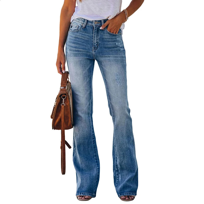 Womens Flared Jeans Fashion Vintage Stretch Casual High Waist Full Length Slim Streetwear Wide Leg Flare Pants 240821