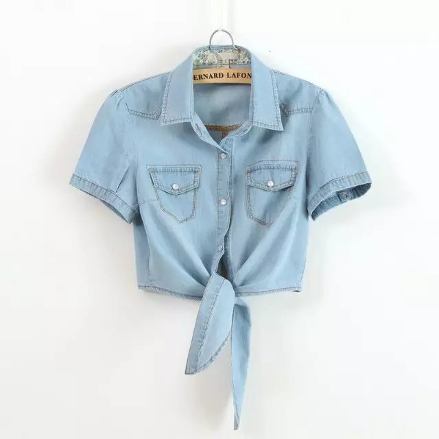 Tie up knot, mid sleeve, small shawl denim shirt, Korean version, women's short jacket, thin