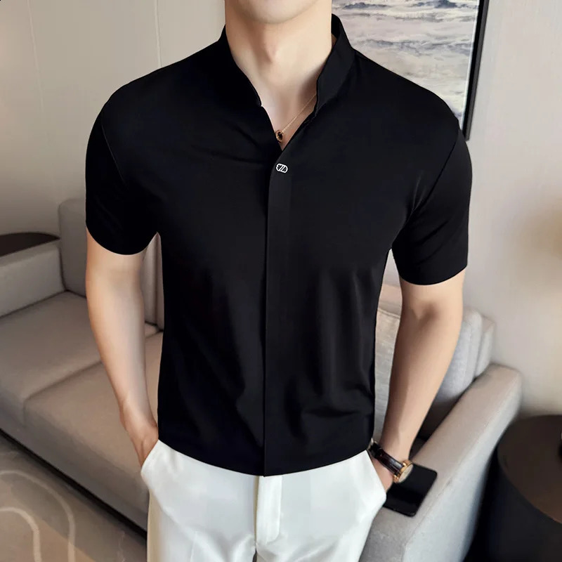 High Elastic POLO Shirt 2024 Summer Thin Chinese Stand Up Neck Solid Color Casual Short Sleeved T-shirt Mens Clothing 240821